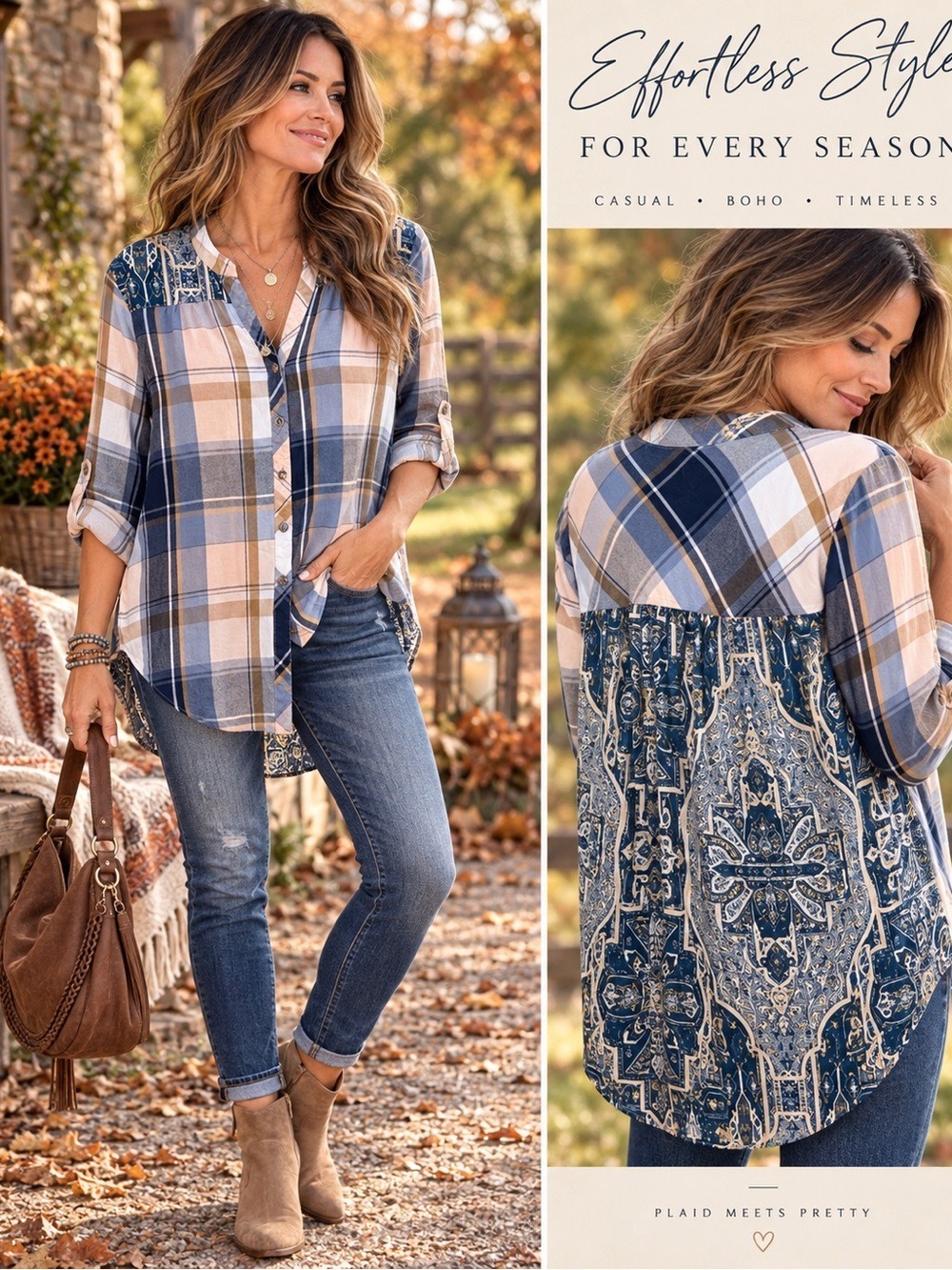 Figuerca & Flower Plaid Mixed Print High-Low Tunic Blouse L